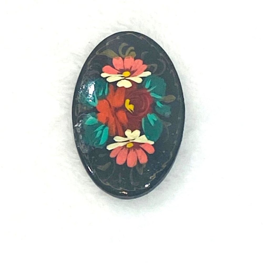 Vintage Russian Hand Painted Brooch Black Lacquer Wood Enamel Floral Oval Signed